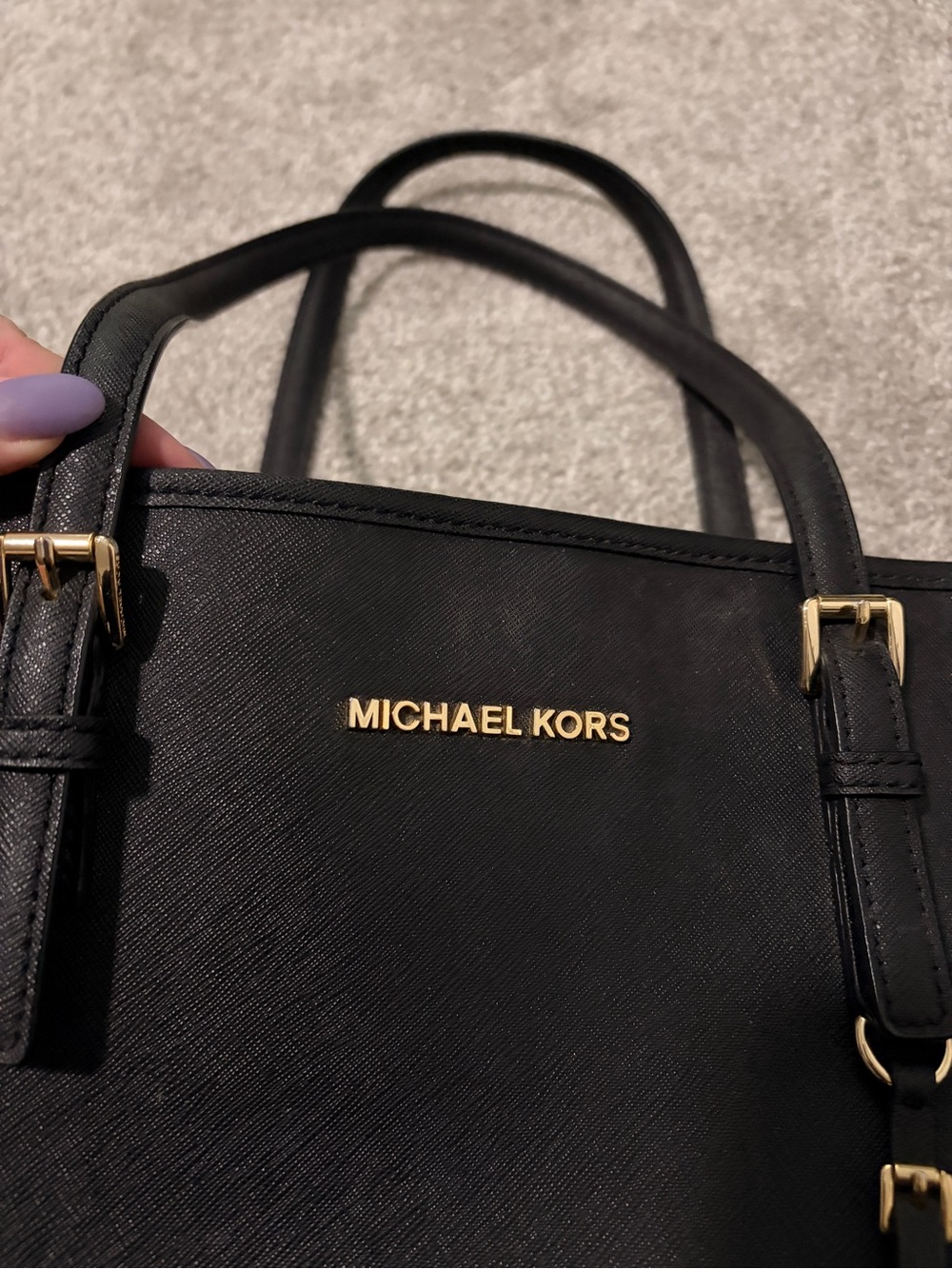 Michael Kors Black Leather Tote with Gold MK Charm - Picture 4 of 13